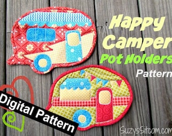 Happy Camper Pot Holders Digital Pattern, quilting, kitchen, camping