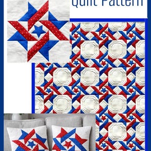 May include: A quilt pattern design with the text "Oh My Stars! Quilt Pattern". The design features a star pattern in red, white, and blue. Two throw pillows with the star pattern are on a gray couch. The website "SuzysSitcom.com" is also visible.