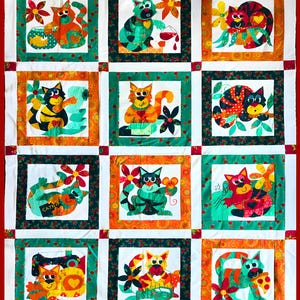 Patrón de edredón Purrfection Cat, bordado con apliques (patrón PDF)