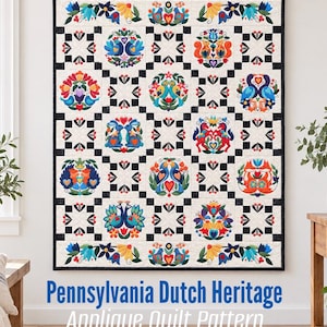 May include: A quilt featuring a grid of circular applique panels with colorful folk art motifs including birds, rabbits, squirrels, and foxes, surrounded by a black and white checkerboard border. The text reads Pennsylvania Dutch Heritage Applique Quilt Pattern.