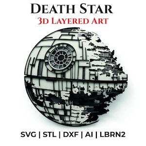 May include: A 3D layered art piece depicting the Death Star from Star Wars. The artwork is primarily white and black, with the Death Star's iconic circular design and a partially destroyed section. The text "DEATH STAR 3D LAYERED ART" is at the top.