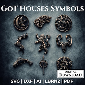 Game of Thrones House Symbols Svg Bundle, House of the Dragon Sigils, Fantasy Heraldry Laser Cut Files, STL DXF SVG Lbrn2 for Cnc, 3D Print
