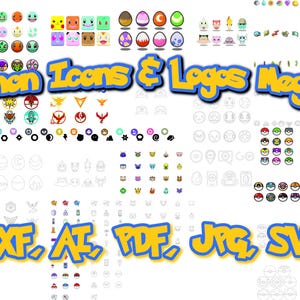 May include: A collection of colorful Pokémon icons and logos, including various character faces, Poké Balls, and team symbols. The image also features the text "Pokémon Icons & Logos Megapack" and file type designations: DXF, AI, PDF, JPG, and SVG.