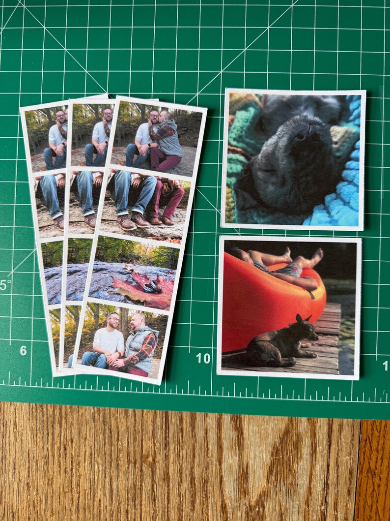 May include: A selection of printed photographs. One strip of photos shows two people in outdoor settings. Two individual photos feature a black dog and a dog on a dock near a red canoe. The photos are on a green cutting mat.