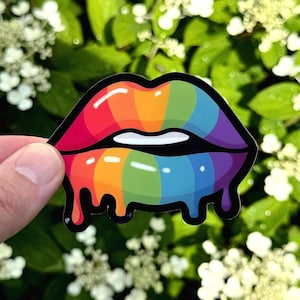 May include: A sticker featuring a pair of glossy lips in a rainbow gradient design. The lips have a black outline and are dripping with the same rainbow colors. The background is blurred green foliage with white flowers.
