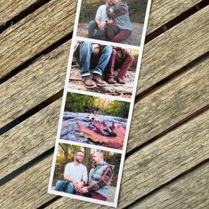 May include: A vertical photo strip with four images of a couple. The top image shows the couple embracing, the second shows their legs and shoes, the third shows rings on a leaf, and the fourth shows them smiling at each other. The strip is on a wooden surface.