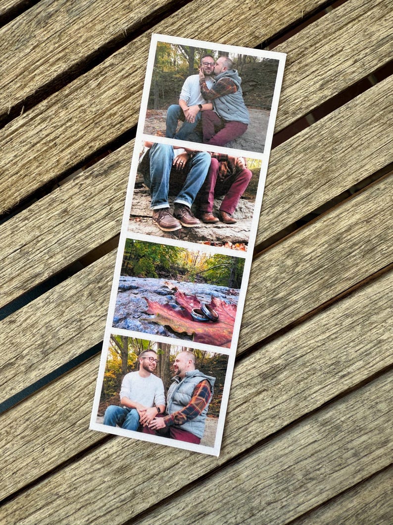 May include: A vertical photo strip with four images of a couple. The top image shows the couple embracing, the second shows their legs and shoes, the third shows rings on a leaf, and the fourth shows them smiling at each other. The strip is on a wooden surface.