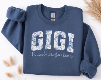 Felpa Gigi personalizzata con i nomi dei bambini, girocollo floreale per la nonna, regalo Gigi personalizzato, maglione Gigi vintage, regalo per la festa della mamma