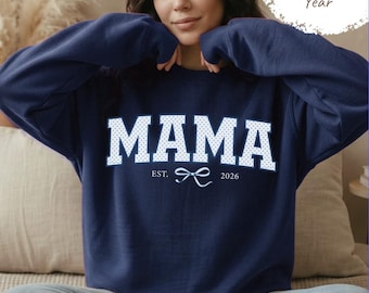 Personalized Mama EST Sweatshirt, Custom Year Mom Sweatshirt, Polka Dots & Bow, New Mom Gift, Ma Gift for Expecting Mom