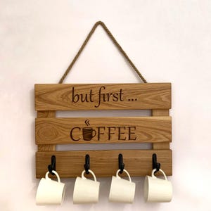 Rustic Oak Wood Mug Rack – Wall Mounted Cup Holder, Handmade Kitchen Decor, Coffee Bar Organizer