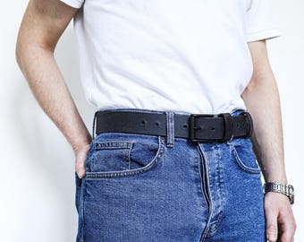Men's Azteca Full Grain Leather Belt, Matte Black Roller Buckle, Handmade Poland