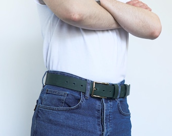 Handmade Full Grain Leather Belt – Green, 39mm, Solid Bronze Buckle Made in France