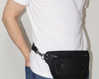Handmade Black Leather Waist Bag | Italian Leather Fanny Pack