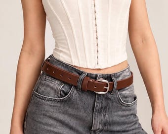 Dark Brown Toscana Leather Women's Belt, 25 mm, Silver Buckle
