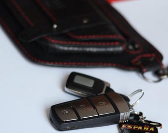 Handmade Black Leather Waist Bag | Latigo Leather Fanny Pack | Red Stitching | Anti-Slip Strap | Gunmetal Hardware