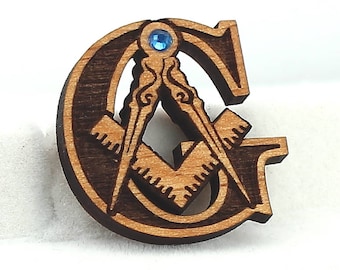 Masonic Pin with Jewel - Engraved Wood