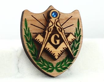 Masonic Pin Shield with Jewel - Engraved Wood