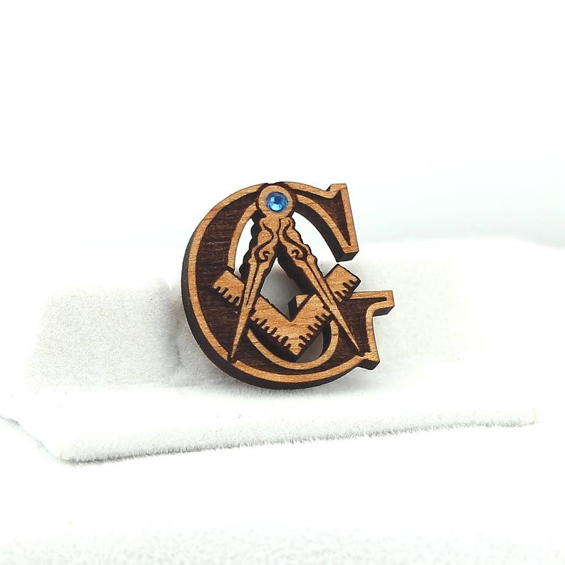 Masonic Pin with Jewel Engraved Wood image 1