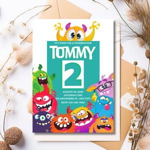 Kinder 2 Monster Geburtstagseinladung, Easy Edit Party einladen, süße Monster Freunde Digitaler Download, personalisieren druckbare Evite Vorlage