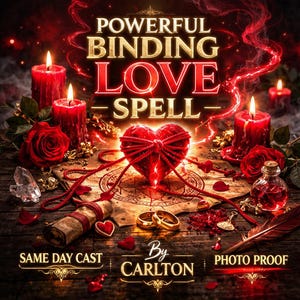 Può includere: Immagine con il testo "POWERFUL BINDING LOVE SPELL" che presenta un cuore rosso legato con uno spago rosso, circondato da candele rosse accese, rose e una pergamena. Sono presenti anche anelli d'oro, una piccola bottiglia e una piuma. Il testo "SAME DAY CAST" e "PHOTO PROOF" sono inclusi.