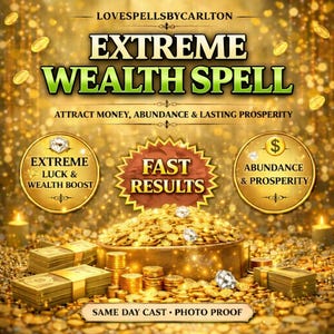 May include: A gold-toned graphic advertising an "EXTREME WEALTH SPELL" with text including "ATTRACT MONEY, ABUNDANCE & LASTING PROSPERITY." The image features gold coins, stacks of money, and the phrases "EXTREME LUCK & WEALTH BOOST" and "ABUNDANCE & PROSPERITY."