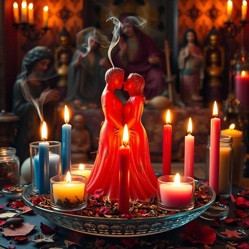May include: A romantic scene featuring a red candle shaped like two figures embracing, with smoke rising from their heads. The candle is surrounded by other lit candles of various colors, including blue, pink, and yellow, creating a warm, inviting ambiance. The scene is set in a dimly lit room.