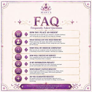 May include: A digital FAQ graphic for Mary's Magic Shop featuring a purple and gold color scheme. It lists seven numbered questions regarding ordering, service details, completion times, delivery, privacy, results, and a final message for support.