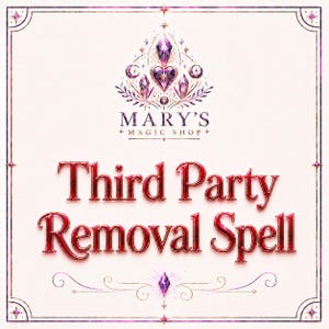 Könnte beinhalten: Eine quadratische Grafik mit dem Text Mary's Magic Shop und Third Party Removal Spell in einer roten Metallic-Schrift. Über dem Text befindet sich ein violettes Kristallherz-Symbol mit Mondsicheln und Sternen in einem dünnen Rahmen.
