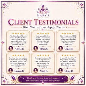 May include: A graphic display titled Client Testimonials Kind Words from Happy Clients for Mary's Magic Shop. It features six five-star reviews from clients named Olivia P., Ethan C., Grace N., Lauren B., Noah S., and Chloe D. with a closing note.