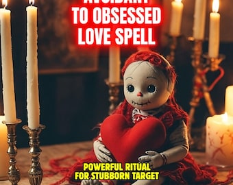 May include: A doll with red hair and a red heart sits among lit candles. Text reads "AVOIDANT TO OBSESSED LOVE SPELL" and "POWERFUL RITUAL FOR STUBBORN TARGET". Additional text includes "SAME DAY CAST", "FREE RECAST", "FAST RESULTS", and "PICTURE PROOF".