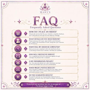 May include: A digital FAQ graphic for Mary's Magic Shop featuring a purple and gold color scheme. It lists seven numbered questions regarding ordering, service details, completion times, delivery, privacy, results, and a final message for support.