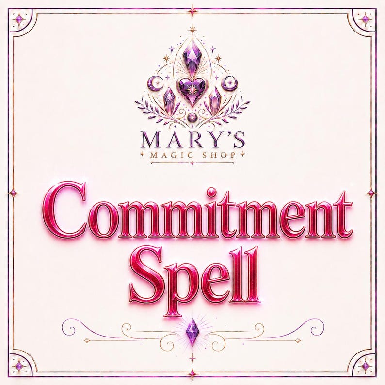 May include: A graphic design featuring the text Mary's Magic Shop and Commitment Spell in a metallic pink font. Above the text is a purple crystal heart emblem with crescent moons and stars, all enclosed within a thin decorative border.