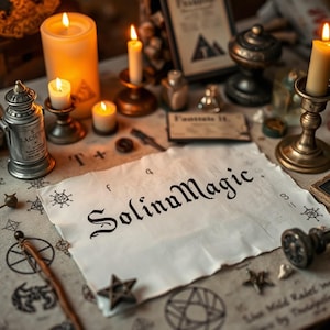 May include: A mystical scene with lit candles, a metal lantern, and a scroll that reads "SolinaMagic." The table is adorned with various occult items, including a star-shaped object and a wooden wand, creating an atmosphere of enchantment.