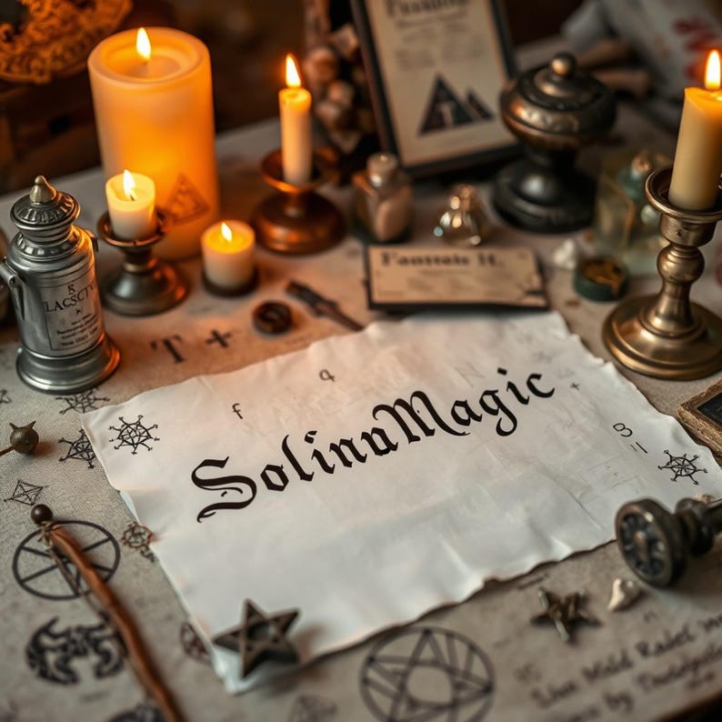 May include: A mystical scene with lit candles, a metal lantern, and a scroll that reads "SolinaMagic." The table is adorned with various occult items, including a star-shaped object and a wooden wand, creating an atmosphere of enchantment.