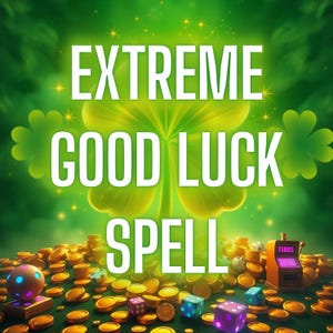 May include: A digital illustration with a green background and the words "EXTREME GOOD LUCK SPELL" in white. A large four-leaf clover is in the center, with gold coins, dice, and a slot machine at the bottom.