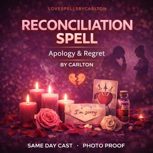 May include: A purple background with the text "RECONCILIATION SPELL" and "Apology & Regret." The image includes lit candles, roses, a card with a heart, and an envelope with "I'm sorry" written on it.