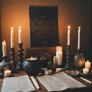 May include: A mystical scene featuring lit candles of varying sizes and shapes, including tall tapers in ornate holders and smaller votives. A large, dark book with a star design and handwritten scrolls are also present, creating a gothic or fantasy theme.