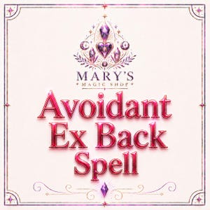 Puede incluir: Un diseño gráfico con el texto Mary's Magic Shop y Avoidant Ex Back Spell en una fuente rosa metálica. Sobre el texto hay un emblema de corazón de cristal morado con lunas crecientes y estrellas, todo dentro de un borde decorativo fino.
