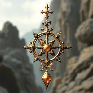 May include: Ornate gold-colored pendant with a compass rose design. The pendant features a central circular element with directional arrows, a cross at the top, and a diamond-shaped charm at the bottom. The intricate details and metallic finish create a luxurious aesthetic.