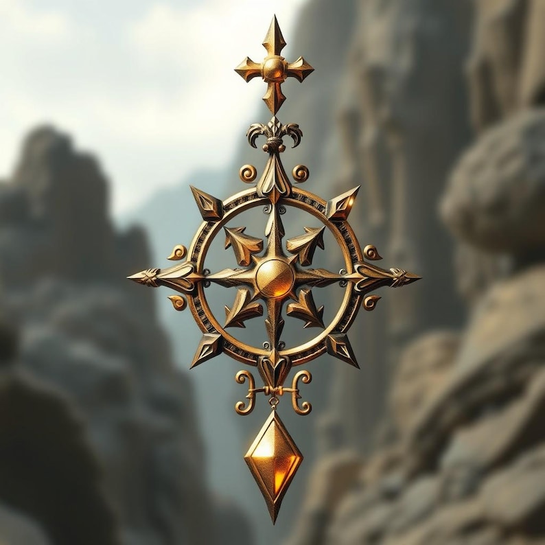 May include: Ornate gold-colored pendant with a compass rose design. The pendant features a central circular element with directional arrows, a cross at the top, and a diamond-shaped charm at the bottom. The intricate details and metallic finish create a luxurious aesthetic.