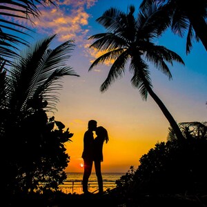 May include: Silhouette of a couple kissing at sunset on a beach. Palm trees frame the scene against a vibrant sky of orange, yellow, and blue hues. The sun is setting over the ocean.