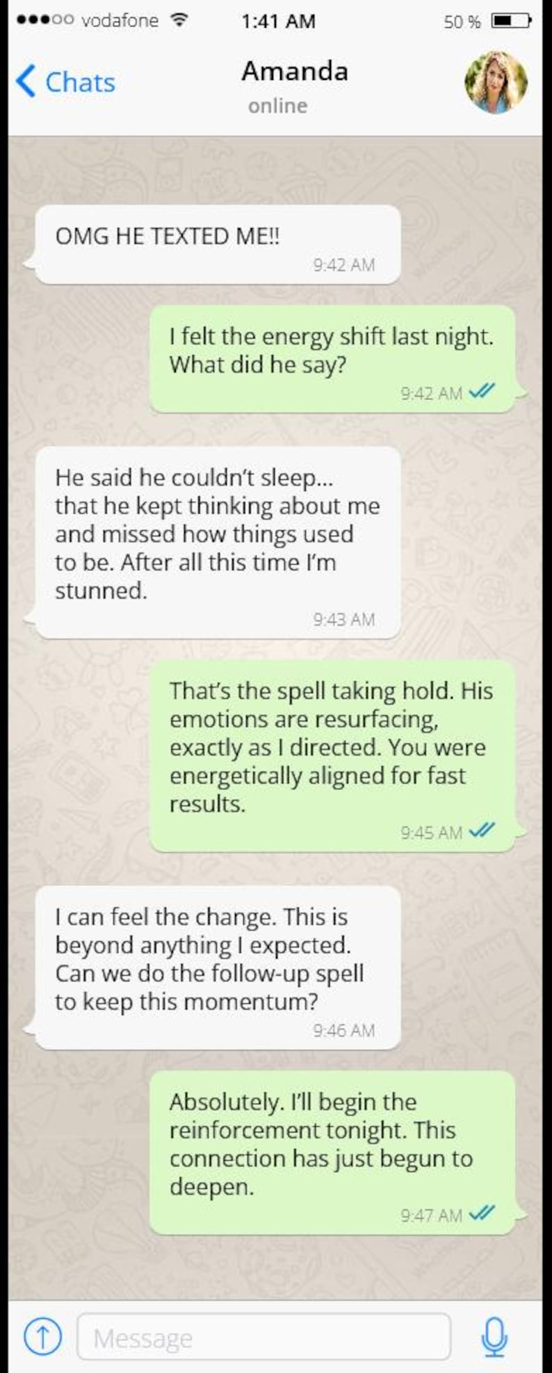 May include: Screenshot of a smartphone displaying a chat conversation. The text bubbles are white and green, with the text messages discussing a spell and its effects. The time is 1:41 AM.