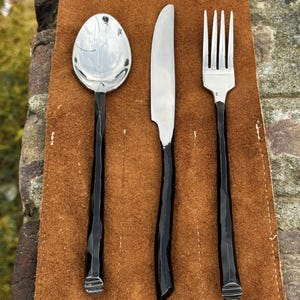 Hand-Forged Viking Cutlery Set – Spoon, Knife & Fork with Leather Pouch | BBQ cutlery| Medieval Camping Utensils