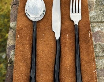 Hand-Forged Viking Cutlery Set – Spoon, Knife & Fork with Leather Pouch | BBQ cutlery| Medieval Camping Utensils