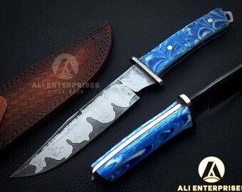 Damascus Steel Bushcraft Knife: Blue Resin Handle, Leather Sheath