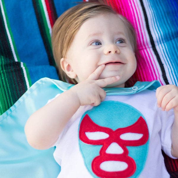 White - Ignacio Luchador - Luchador Mask Onesie - Turquoise Satin Cape - Baby