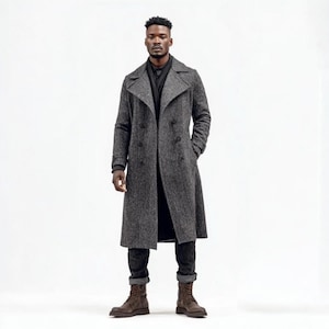 Gabardina larga de lana gris para hombre: abrigo largo clásico y elegante para invierno.