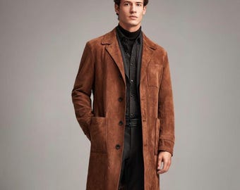 Men’s Brown Suede Leather Trench Coat | Vintage Long Overcoat | Classic Button Closure Outerwear