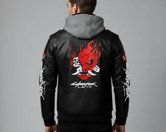 Samurai Cyberpunk 2077 Leather Jacket – Men Hooded Biker Gaming Cosplay Coat