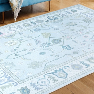 Tappeto annodato a mano in stile Oushak blu squisito 4x6, 5x8, 6x9, 8x10, 9x12, 10 x 14 piedi Tappeti fatti a mano per soggiorno, tappeto contemporaneo antico
